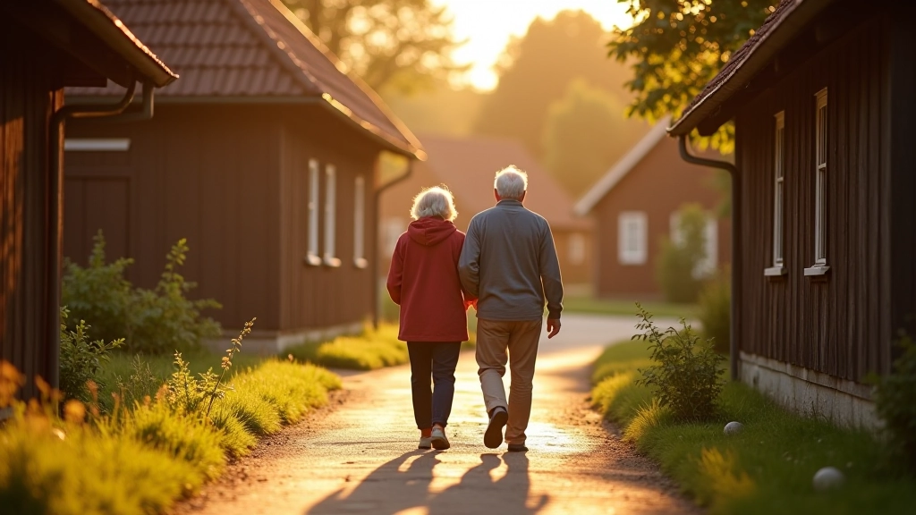 Divi seniori iet pa lauku ciema ielu, koka mājas un zālē zied viensētas