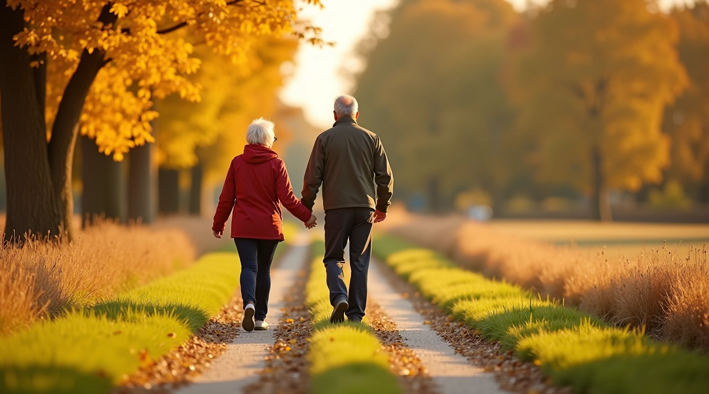 Seniori staigā pa lauku ceļu ar skaistu ainavu un mežu fonu